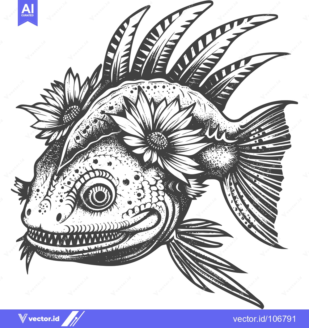Premium Vector dari Black and White Illustration of a Fish with Flowers on Its Head
