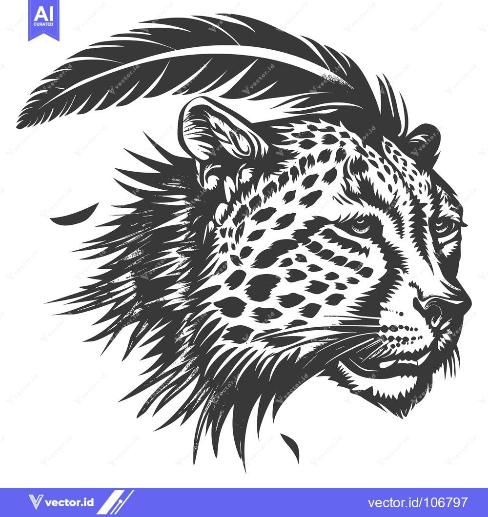 Premium Vector dari Black and White Illustration of a Cheetah's Head with a Feather