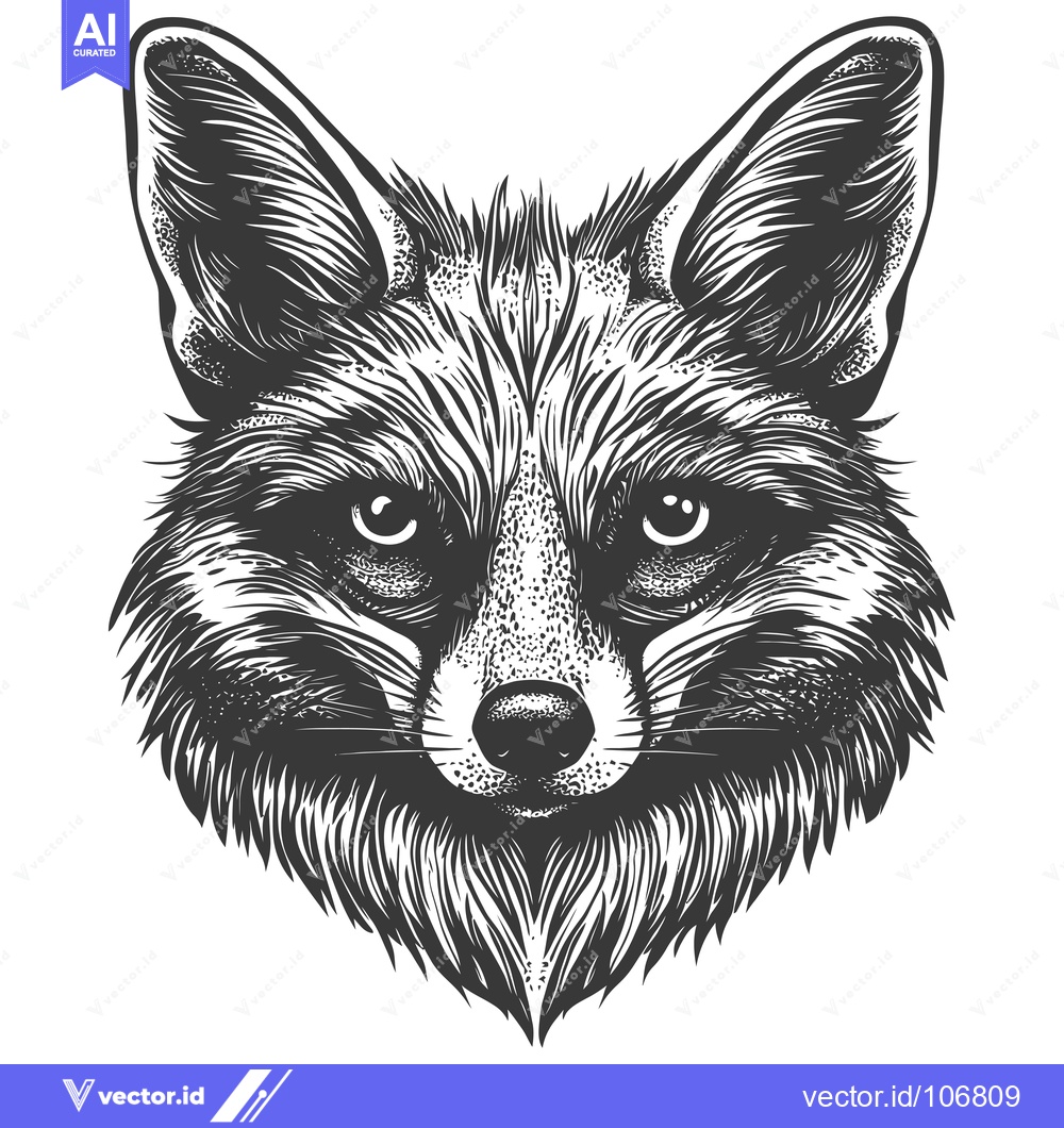 Premium Vector dari A Detailed Black and White Line Drawing of a Fox's Head