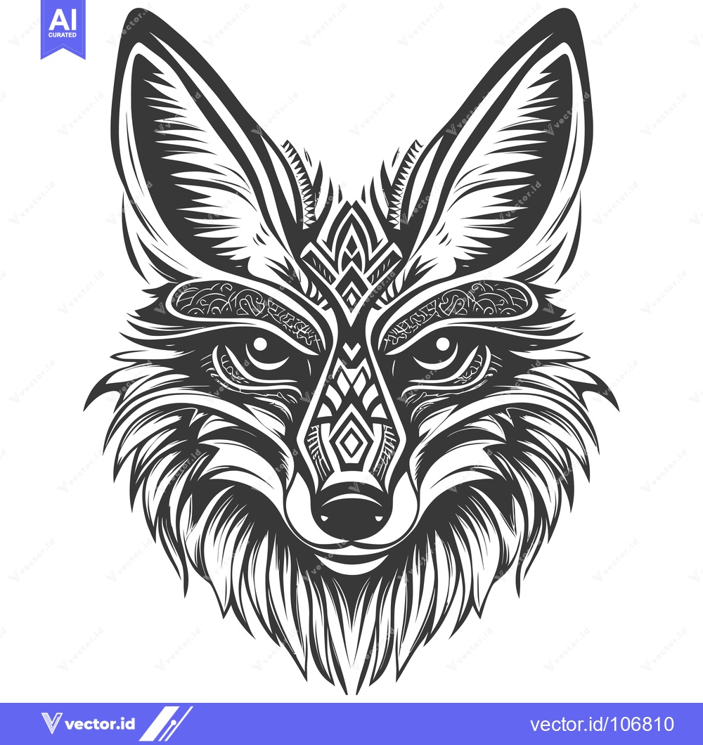 Premium Vector dari Ornate Black and White Fox Head with Detailed Geometric Patterns