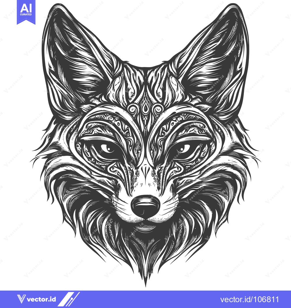 Premium Vector of Ornate Black and White Fox Head Illustration