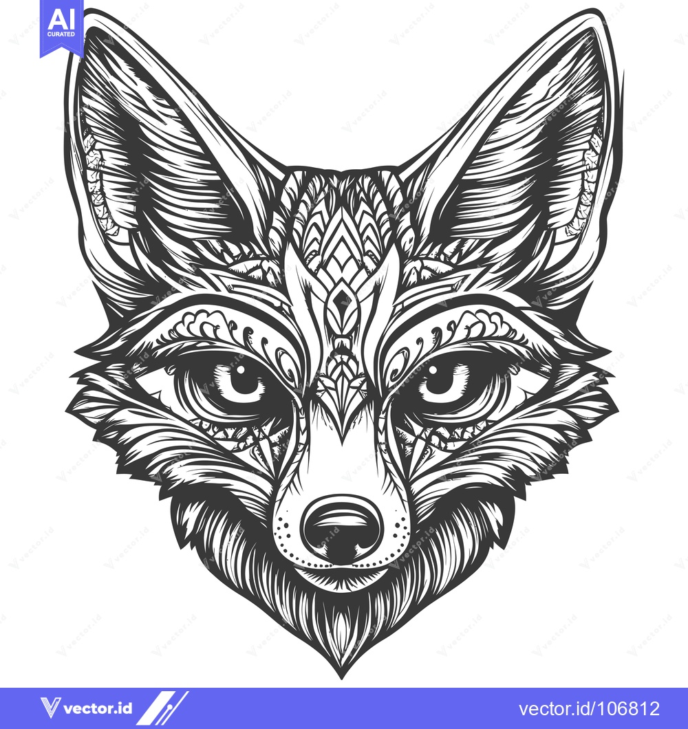 Premium Vector dari Ornate Black and White Fox Head with Detailed Patterns