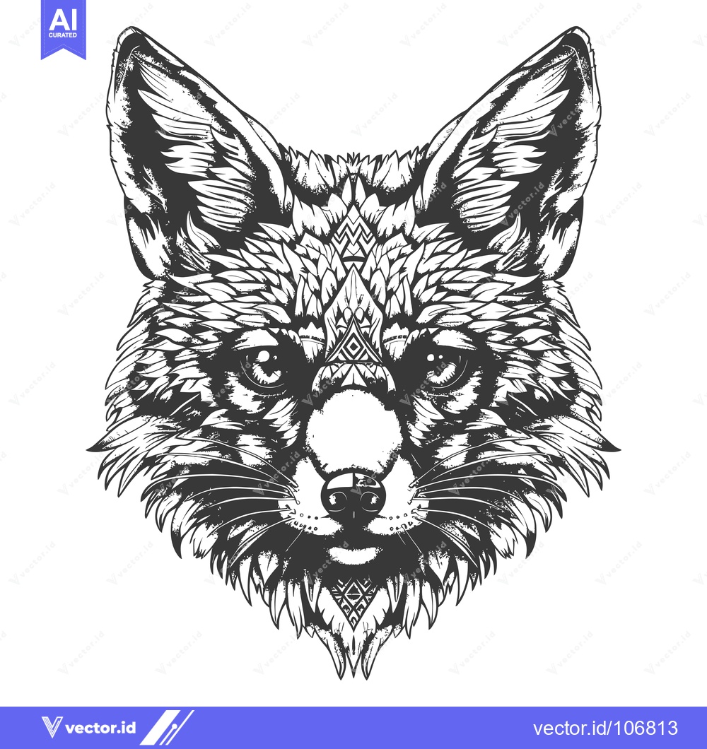 Premium Vector of Black and White Illustration of a Fox's Face with Tribal Design Elemen