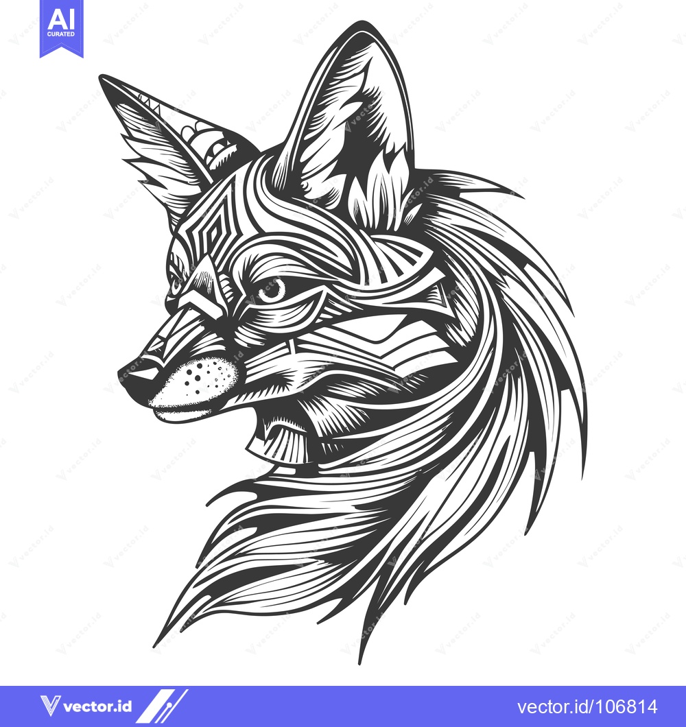 Premium Vector of Stylized Black and White Fox Portrait with Geometric Patterns