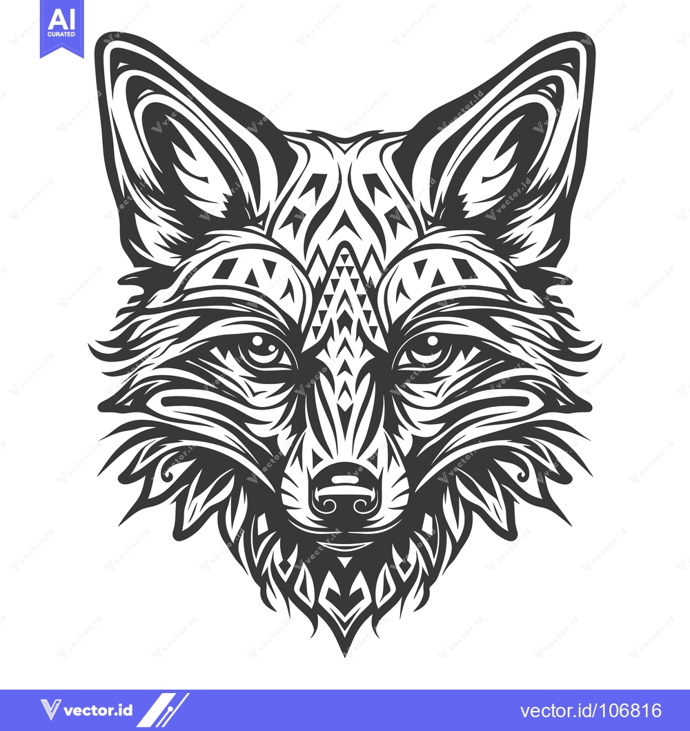 Premium Vector of Detailed Black and White Fox Head with Geometric Patterns