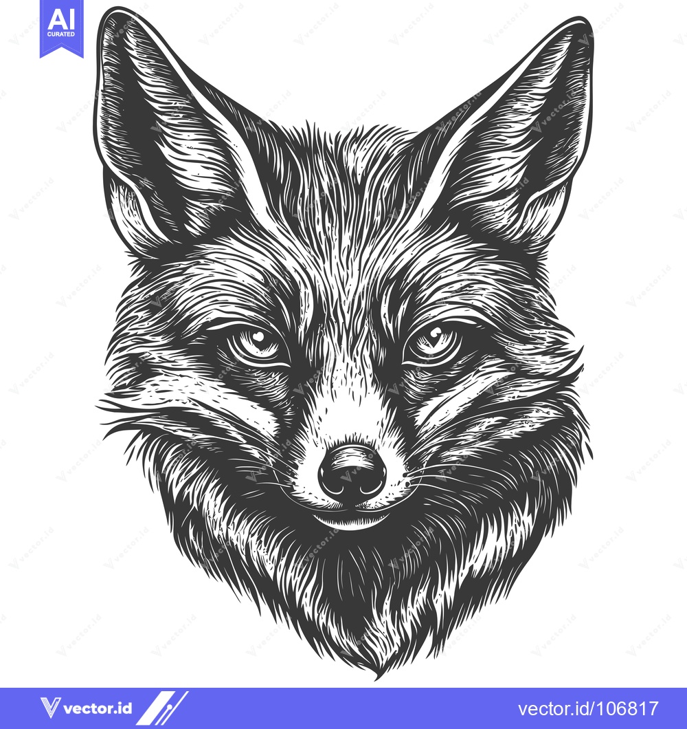 Premium Vector of Detailed Black and White Illustration of a Fox's Head
