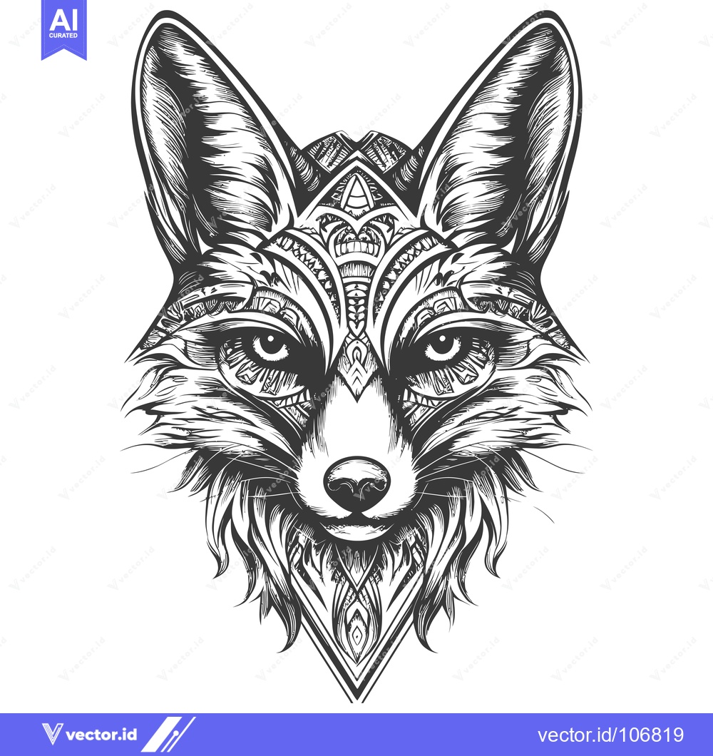 Premium Vector of Ornate Fox Head Illustration with Detailed Pattern