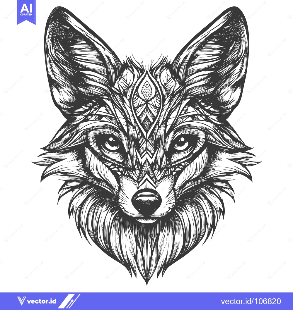 Premium Vector of A Detailed Black and White Illustration of a Fox's Head with Intricate