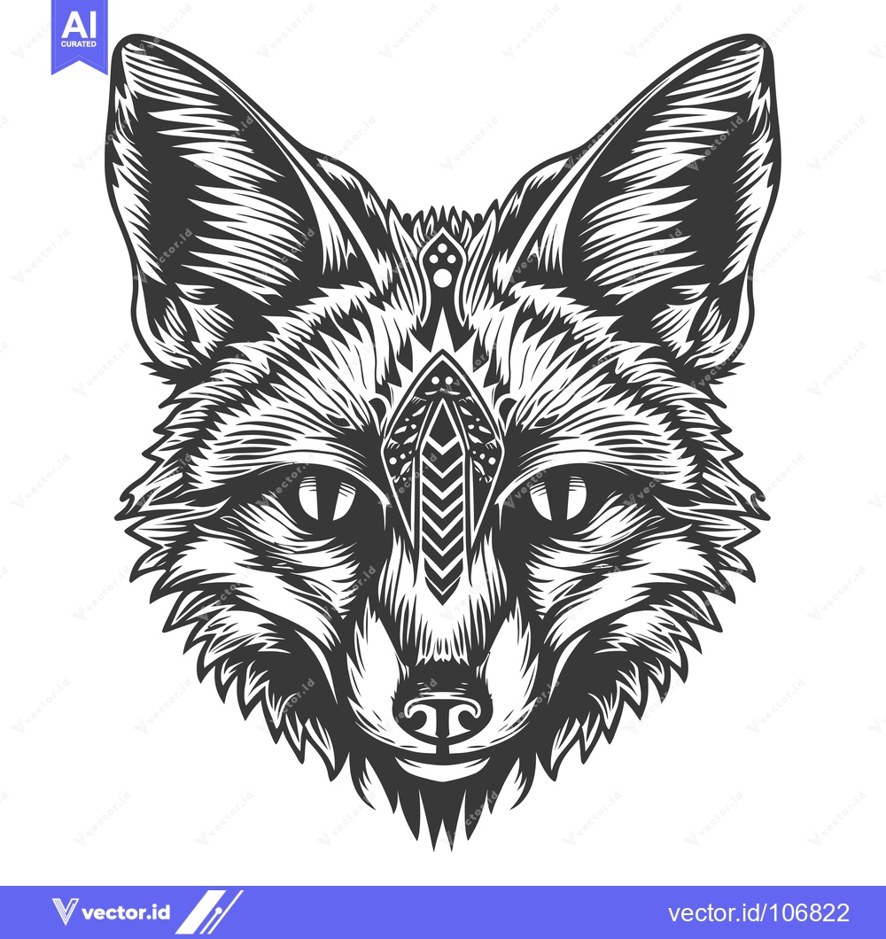 Premium Vector of Black and White Detailed Drawing of a Fox Head with Tribal Design