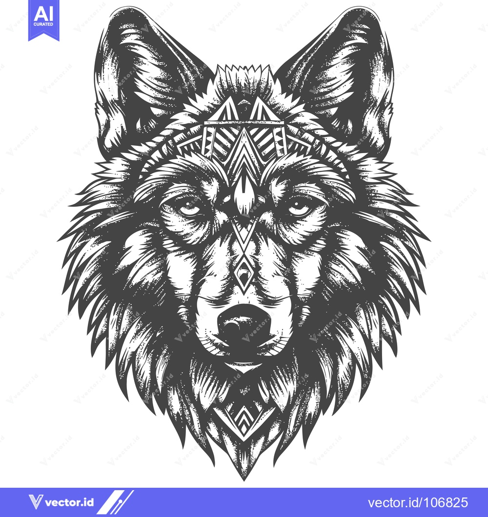 Premium Vector dari A stylized black and white wolf head with geometric patterns