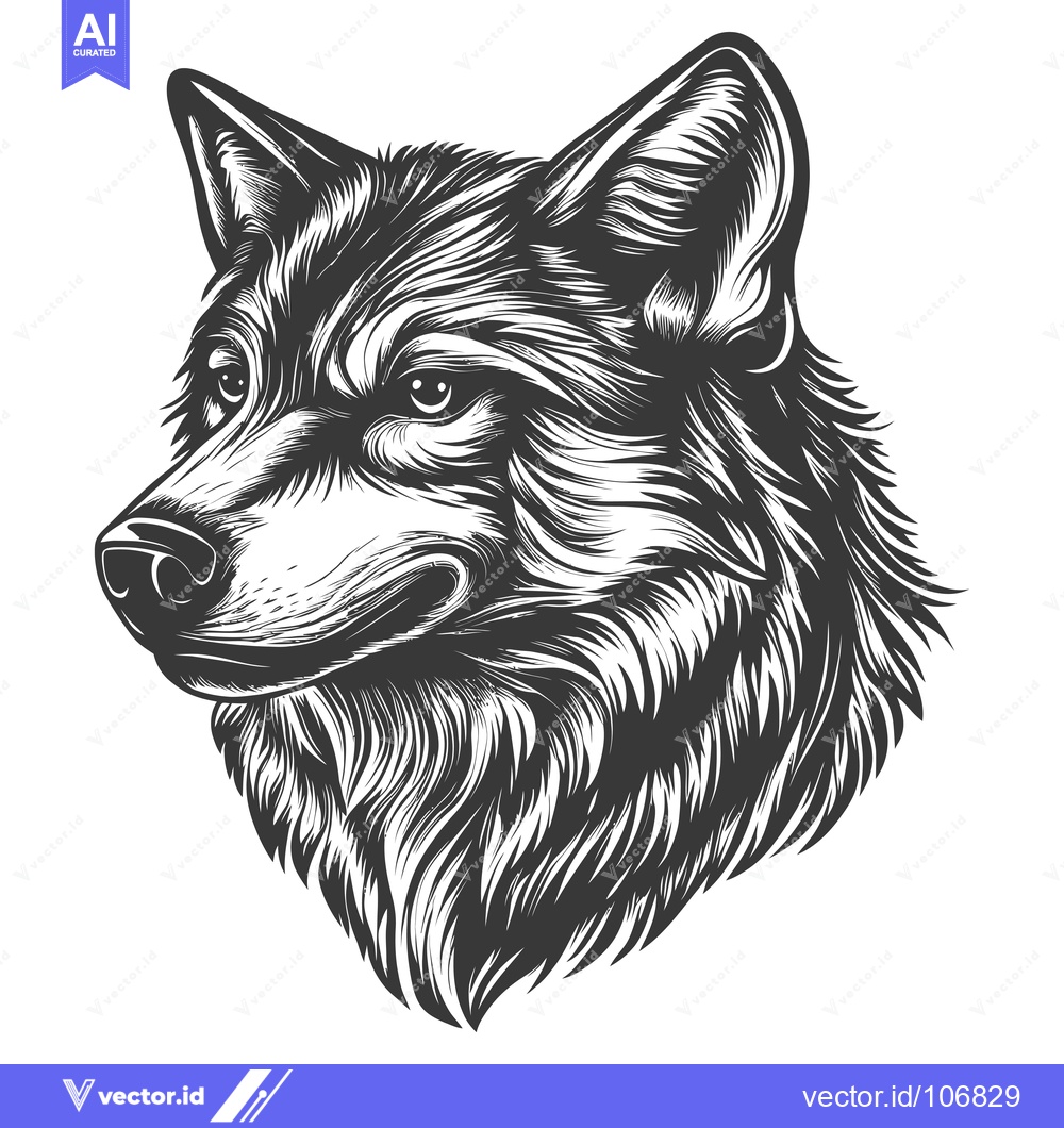 Premium Vector of Black and White Illustration of a Wolf's Head