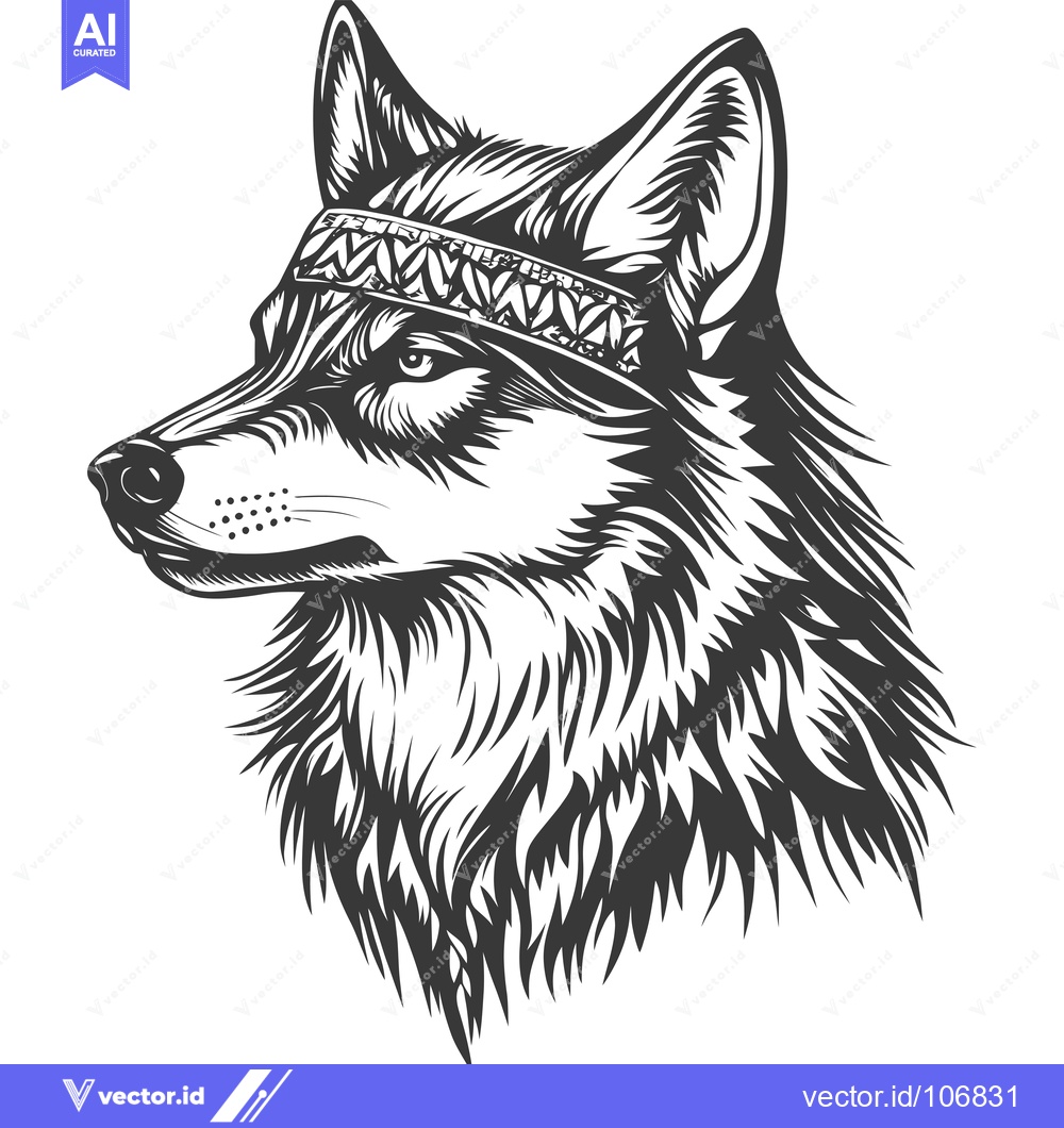 Premium Vector of Black and White Illustration of a Wolf's Head with a Headband