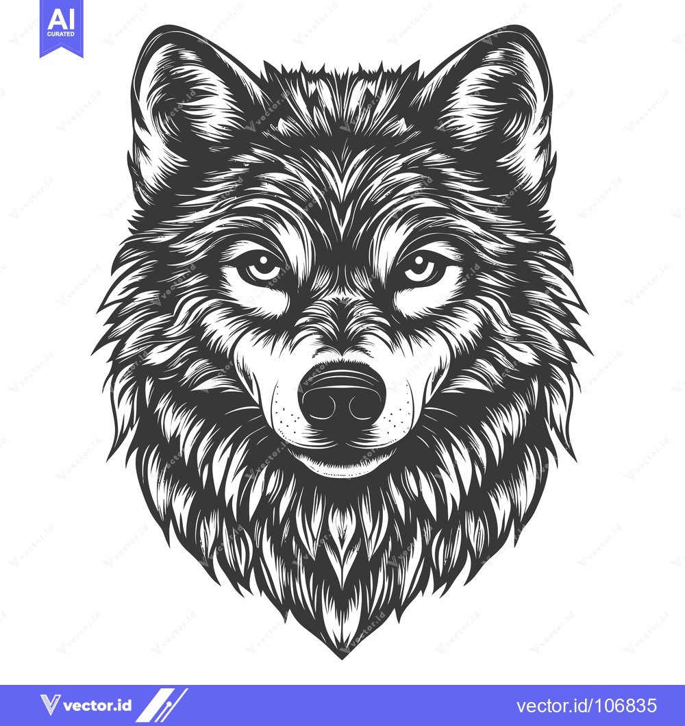 Premium Vector of A Detailed Black and White Illustration of a Wolf's Head