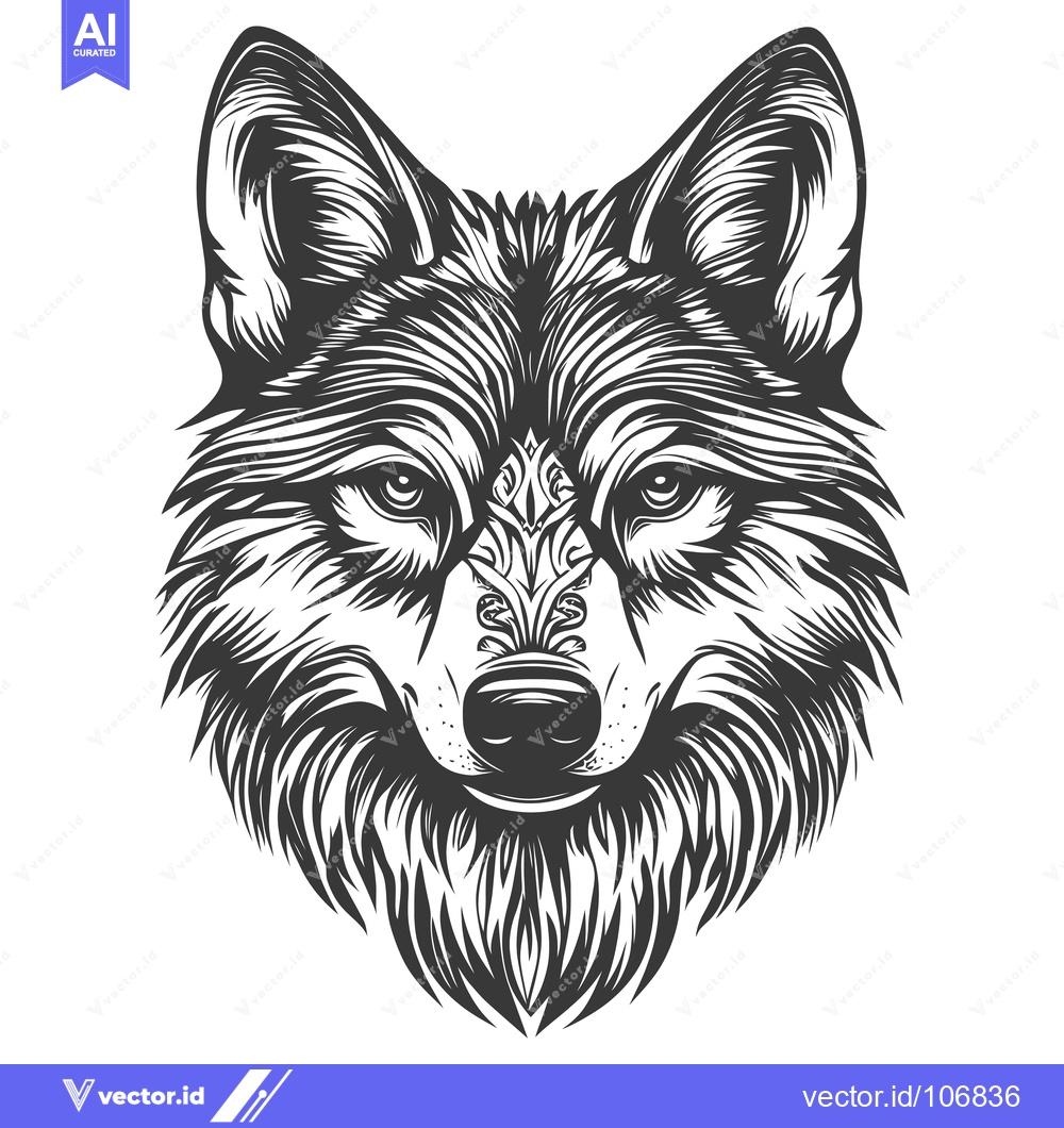 Premium Vector dari Black and White Line Art Illustration of a Wolf's Head