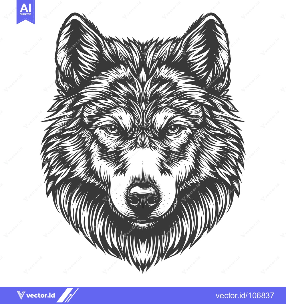 Premium Vector of Black and White Detailed Illustration of a Wolf's Head