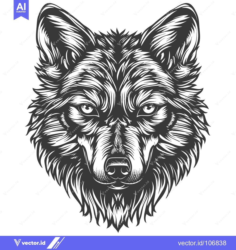 Premium Vector of Detailed Black and White Illustration of a Wolf's Head