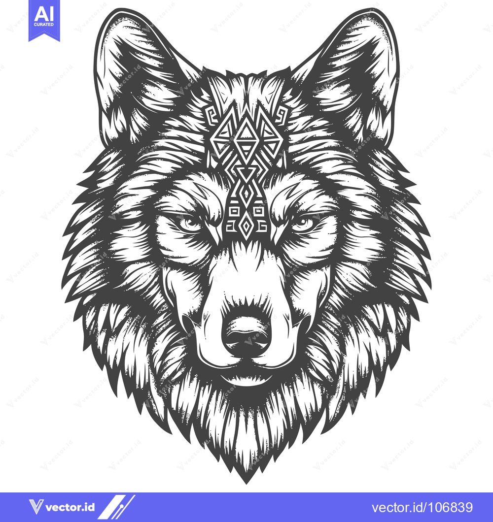 Premium Vector dari Detailed Black and White Illustration of a Wolf's Head with Geometric
