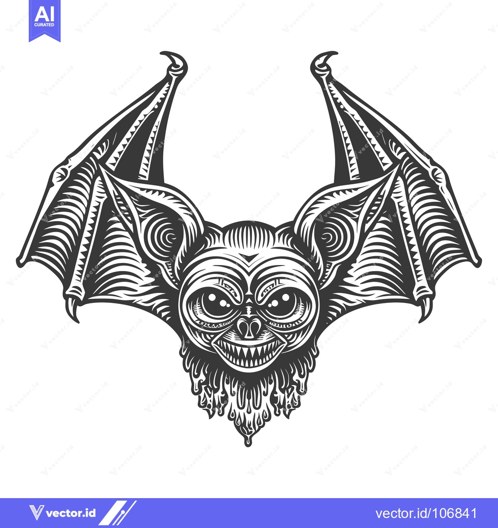 Premium Vector dari Detailed Black and White Illustration of a Ferocious Bat with Spread W