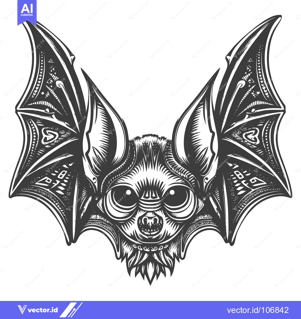 Premium Vector of Detailed Black and White Illustration of a Bat's Head and Wings