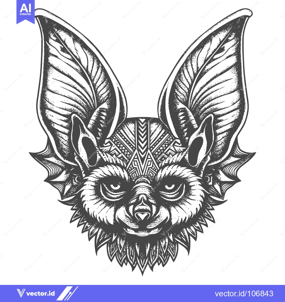 Premium Vector of Detailed Black and White Illustration of a Bat's Head with Tribal Patt