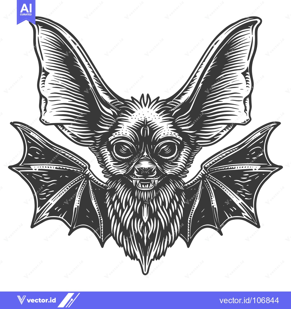 Premium Vector dari Detailed Black and White Illustration of a Bat with Large Ears and Spr