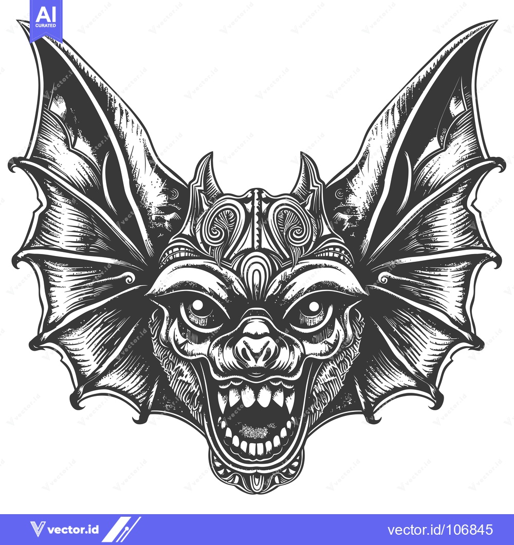 Premium Vector dari Intricate Black and White Illustration of a Bat with Open Mouth and Wi