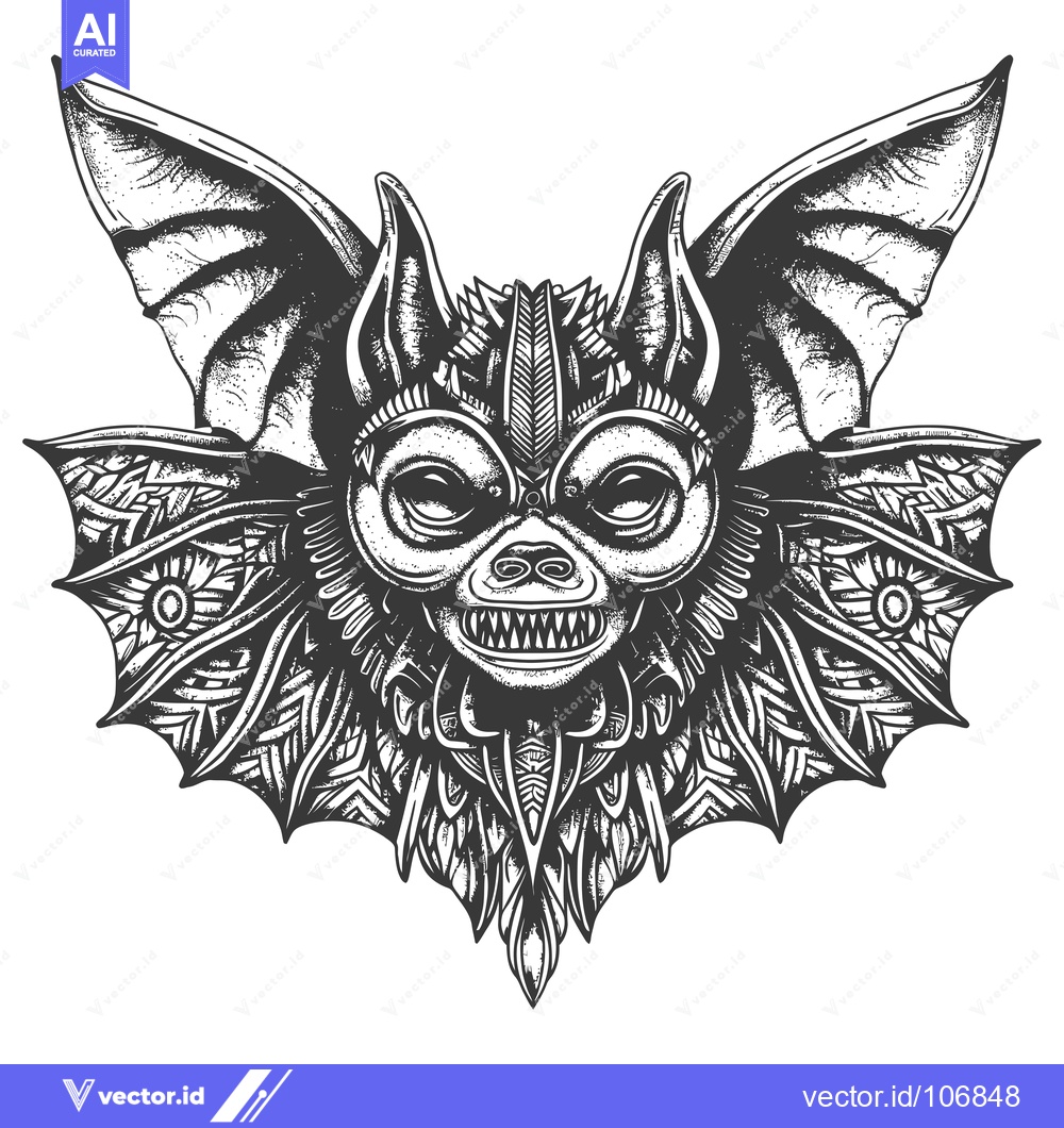 Premium Vector dari Detailed Black and White Illustration of a Bat with Intricate Patterns