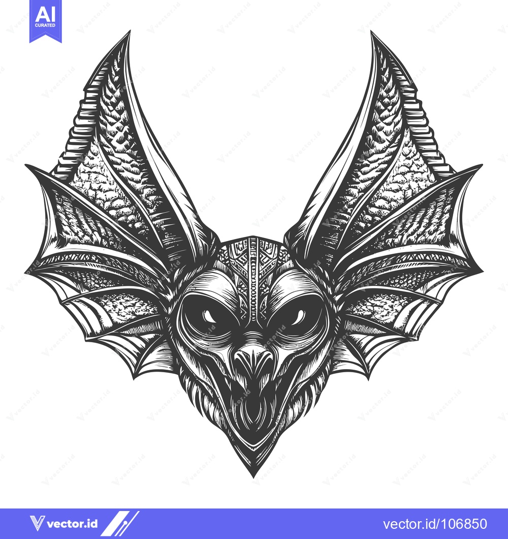 Premium Vector of Detailed Black and White Illustration of a Bat's Head