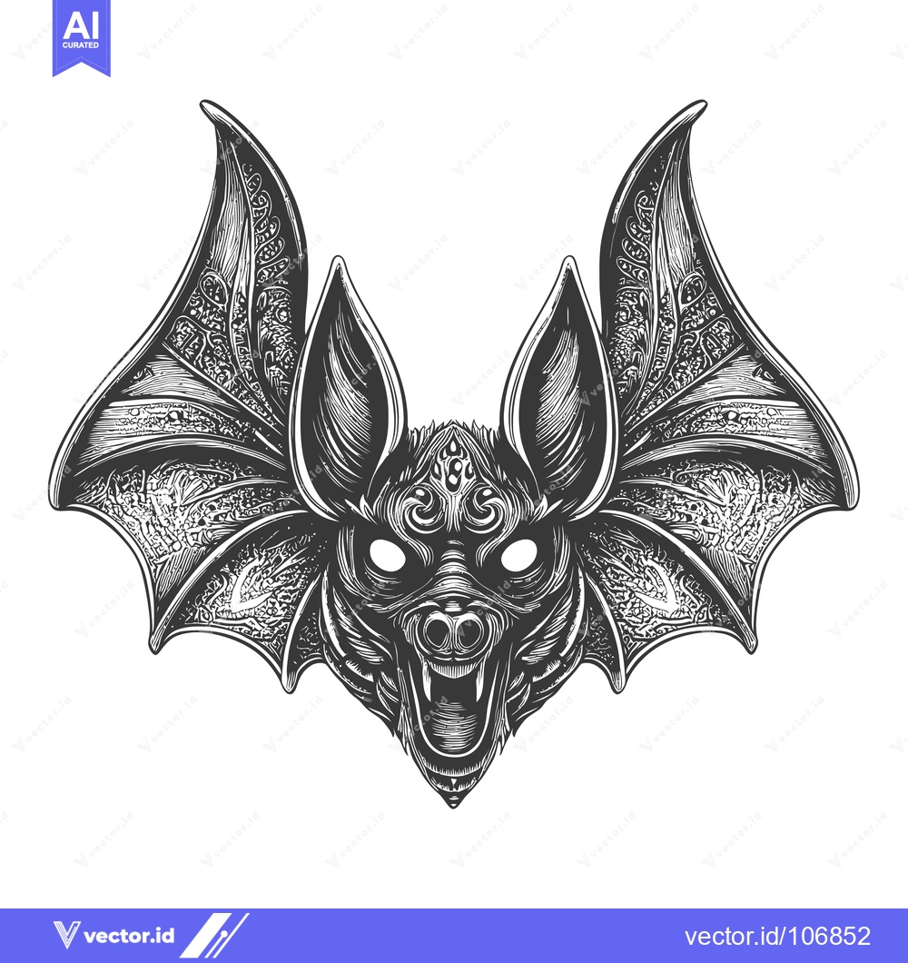 Premium Vector dari Detailed Black and White Illustration of a Bat's Head and Open Wings