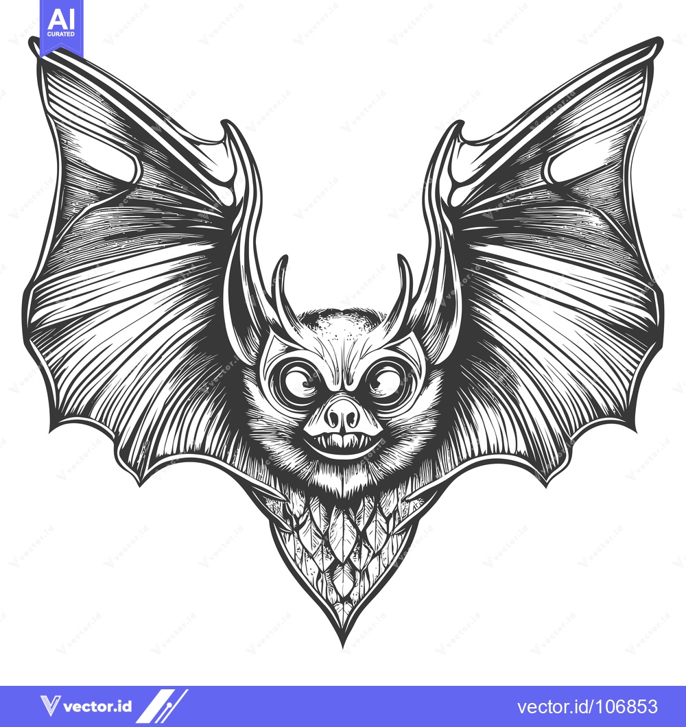 Premium Vector of Black and White Detailed Illustration of a Bat with Spiky Ears and Spr