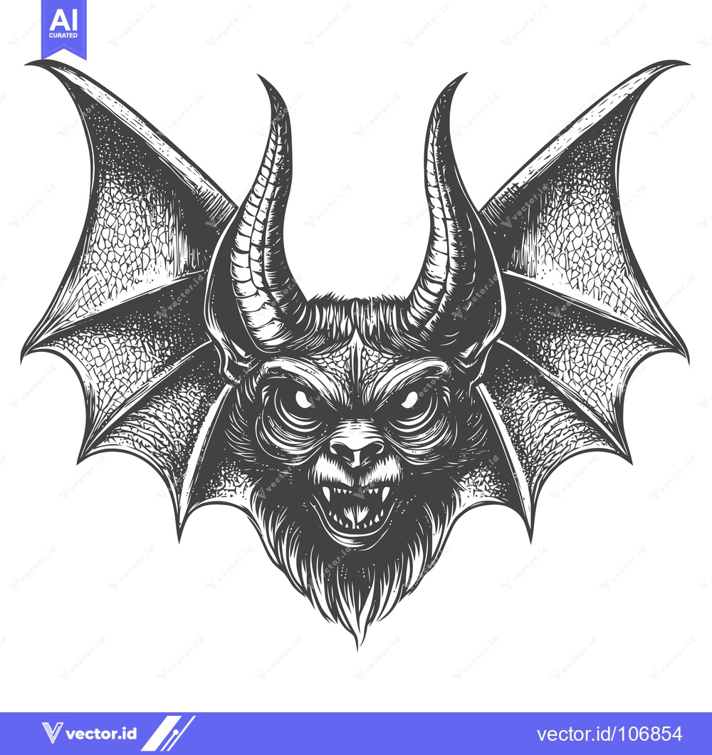 Premium Vector of Monochrome Illustration of a Demon Head with Wings