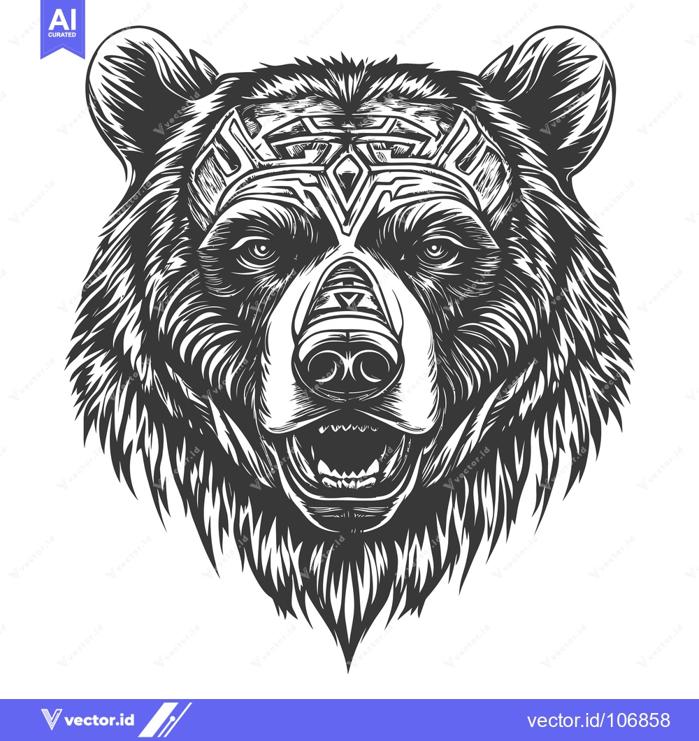 Premium Vector of Black and White Illustration of a Bear's Head with Geometric Detail