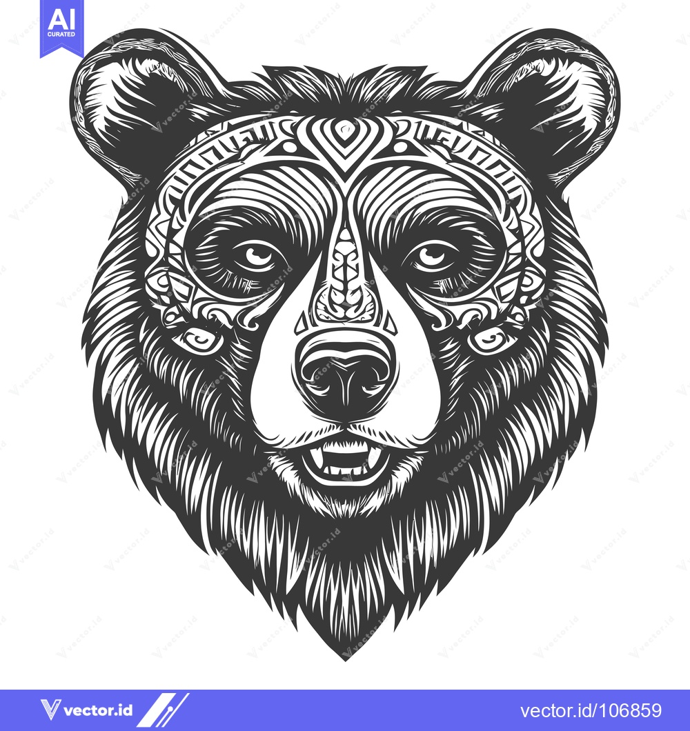 Premium Vector of Detailed Monochrome Illustration of a Bear's Face with Ornamental Desi