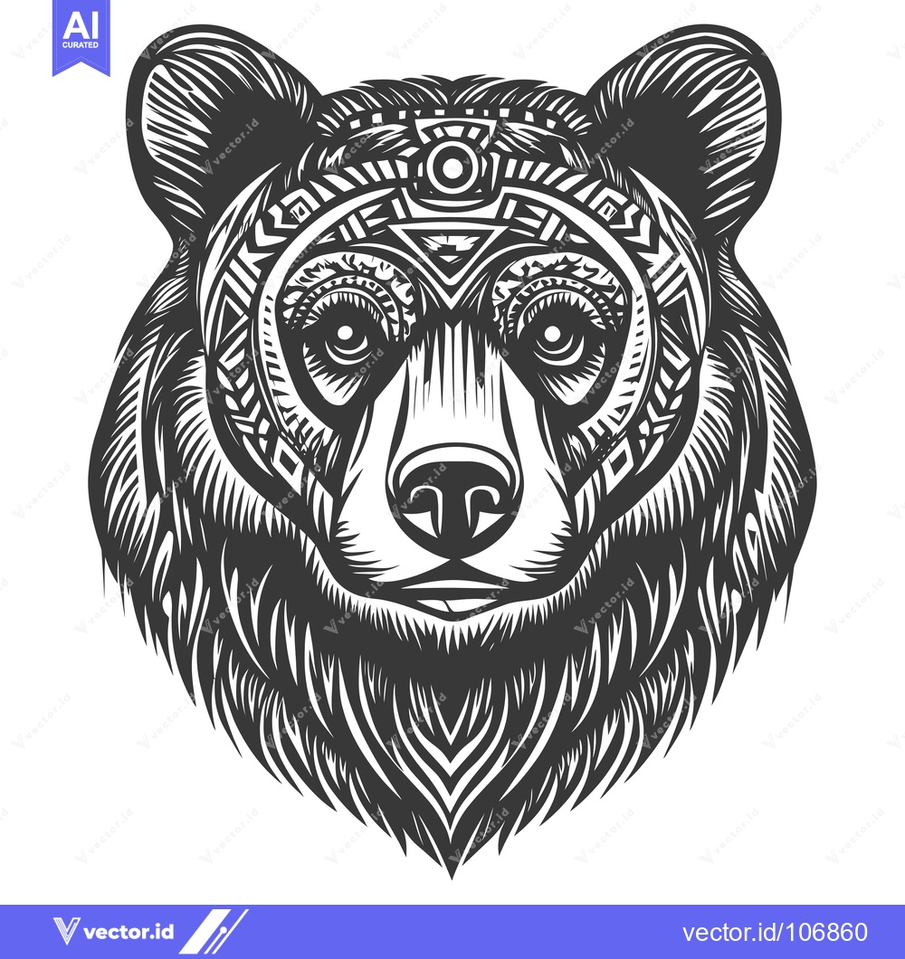 Premium Vector of A Detailed Black and White Illustration of a Bear's Face with Tribal P