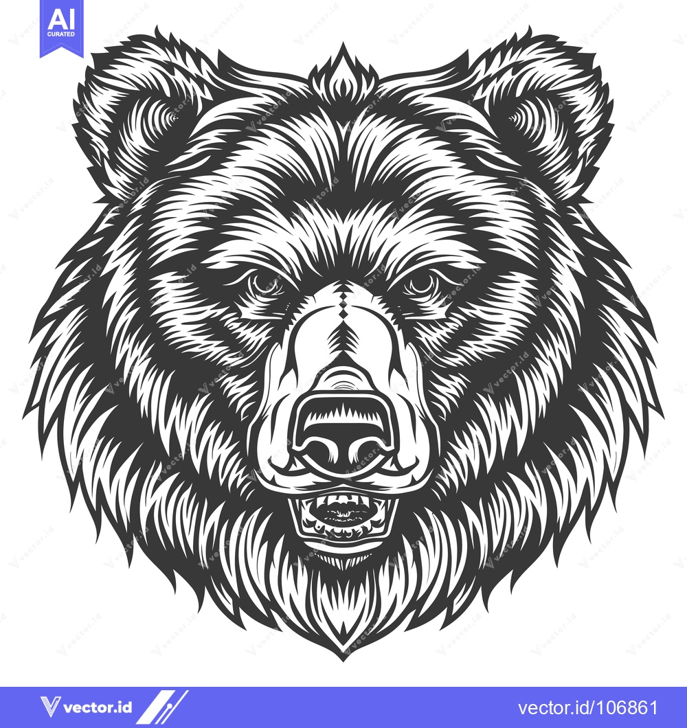 Premium Vector of Detailed Black and White Illustration of a Bear's Head with an Open Mo