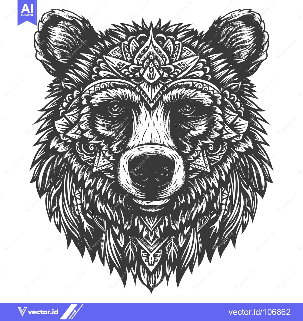 Premium Vector of Ornate Black and White Bear Head Illustration