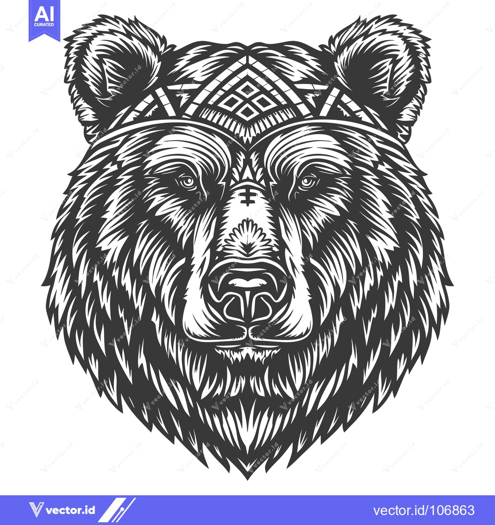 Premium Vector dari Black and White Bear Head with Geometric Pattern Headband