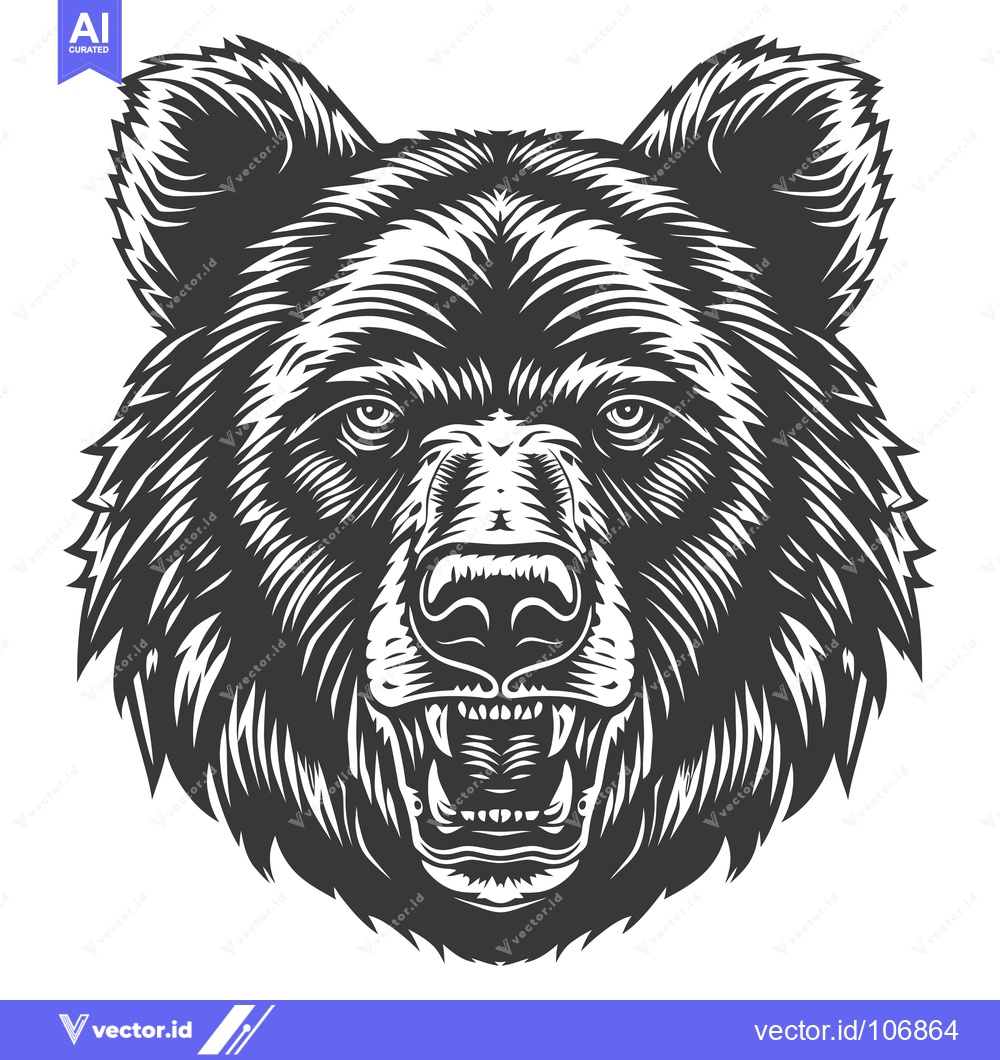 Premium Vector dari Monochrome illustration of a bear's snarling face