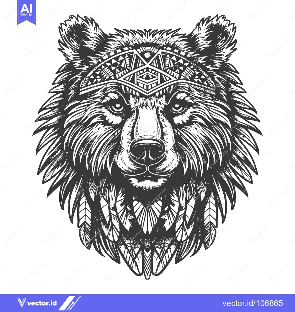 Premium Vector dari Tribal Bear Head with Feathers and Geometric Design