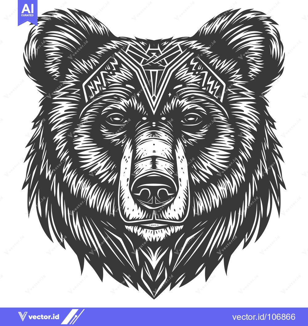 Premium Vector dari Black and White Illustration of a Bear's Head with Tribal Design