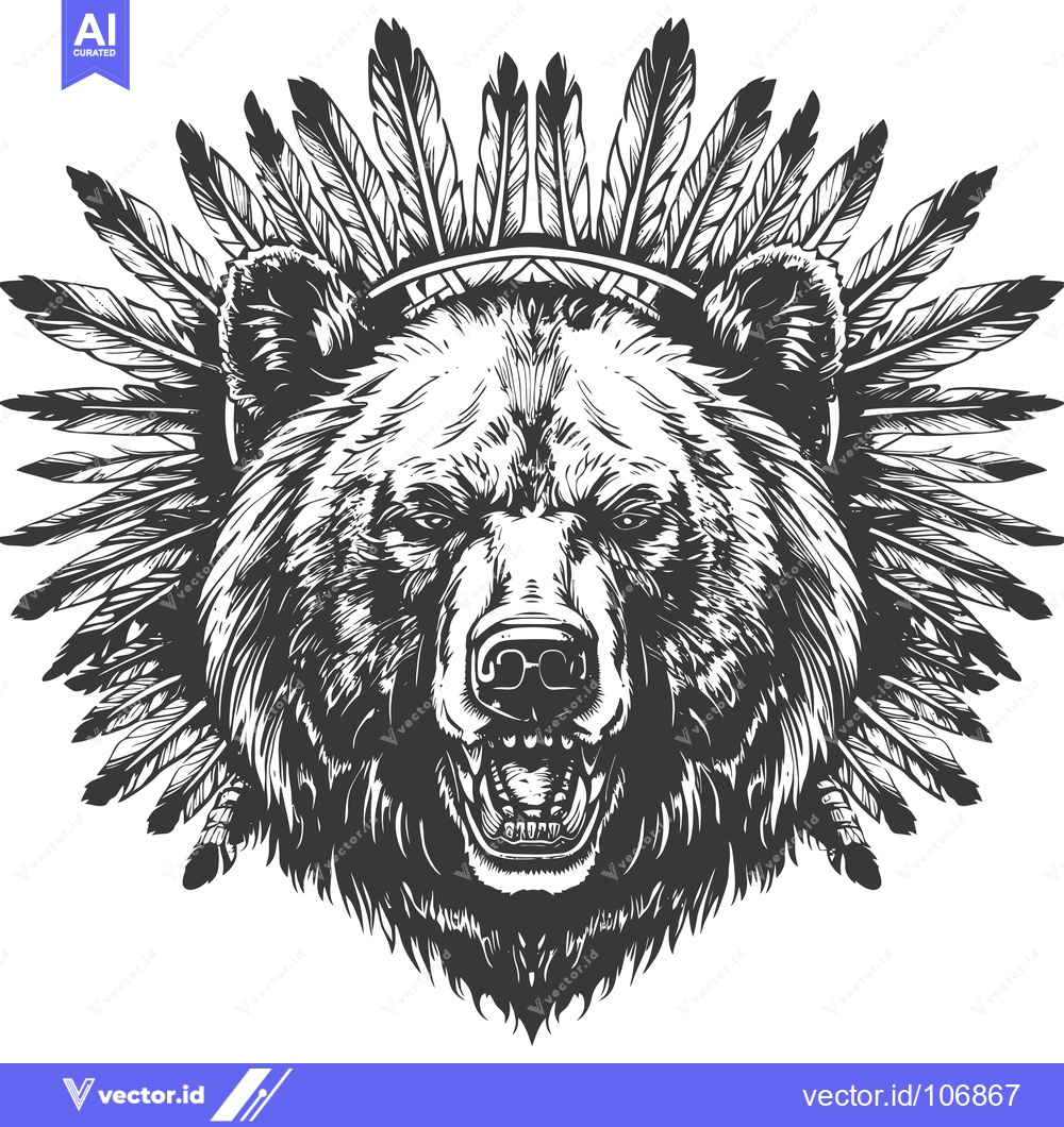 Premium Vector of Black and White Illustration of a Bear with a Feather Headdress