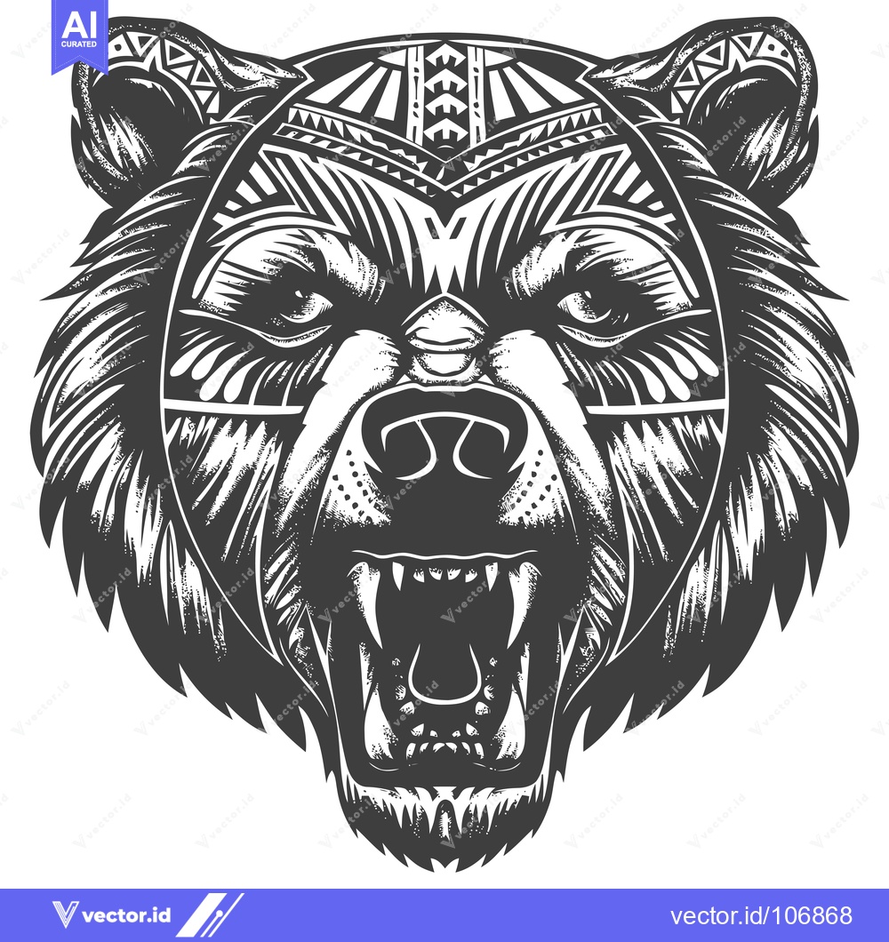 Premium Vector dari Tribal Patterned Bear Head with Open Mouth and Fangs