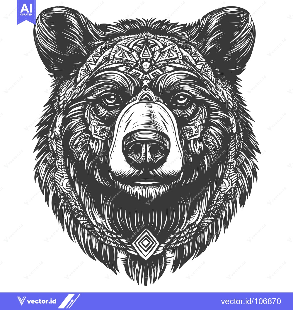 Premium Vector dari Black and White Illustration of a Bear with Geometric Tribal Decoratio