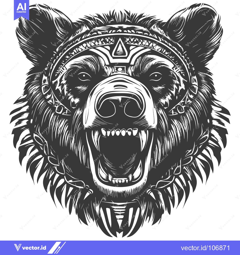 Premium Vector dari A Roaring Bear's Head with Tribal-Inspired Adornments