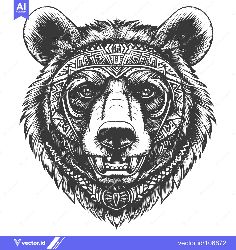 Premium Vector dari Black and White Illustration of a Bear's Head with Tribal-Inspired Des