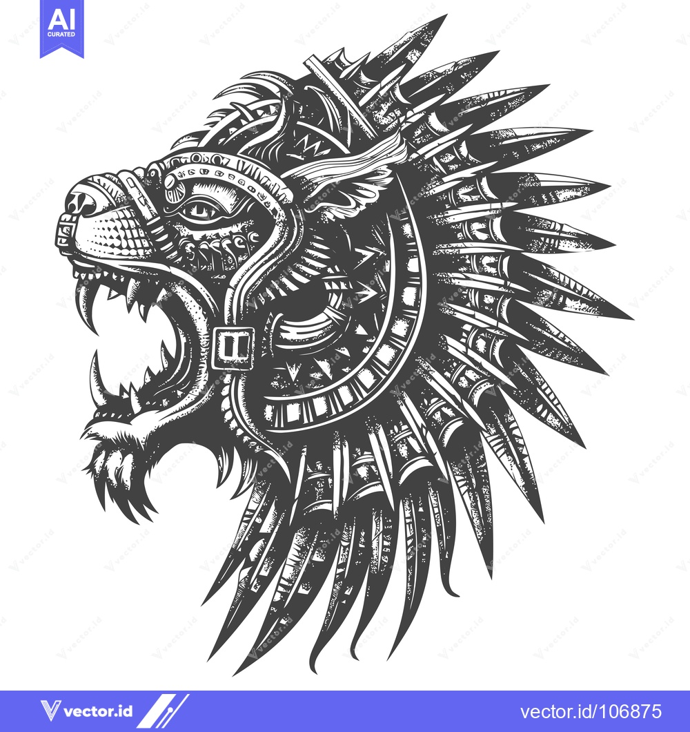 Premium Vector of A Monochromatic Illustration of a Ferocious Lion Head with a Patterned