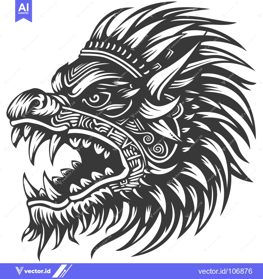 Premium Vector dari Black and White Illustration of a Ferocious Animal Head with Tribal He