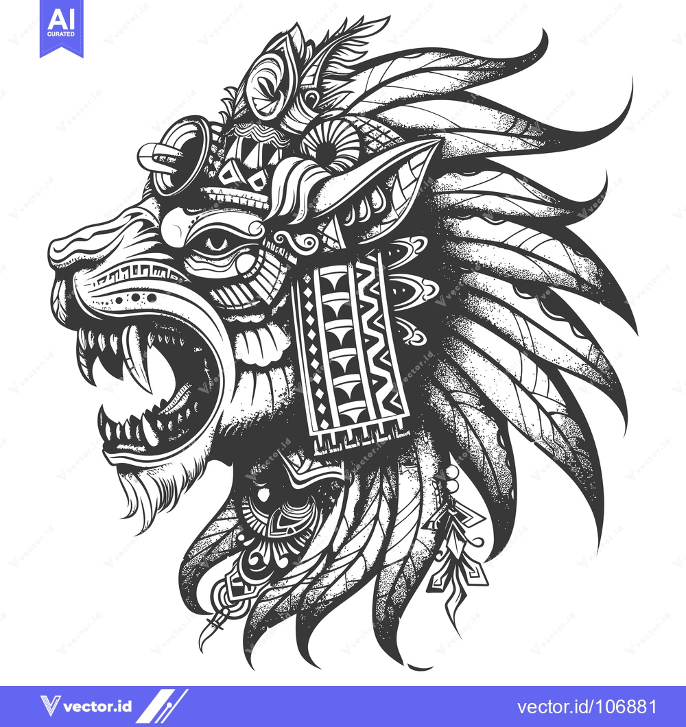 Premium Vector dari Ornate Lion Head with Feathers and Geometric Patterns