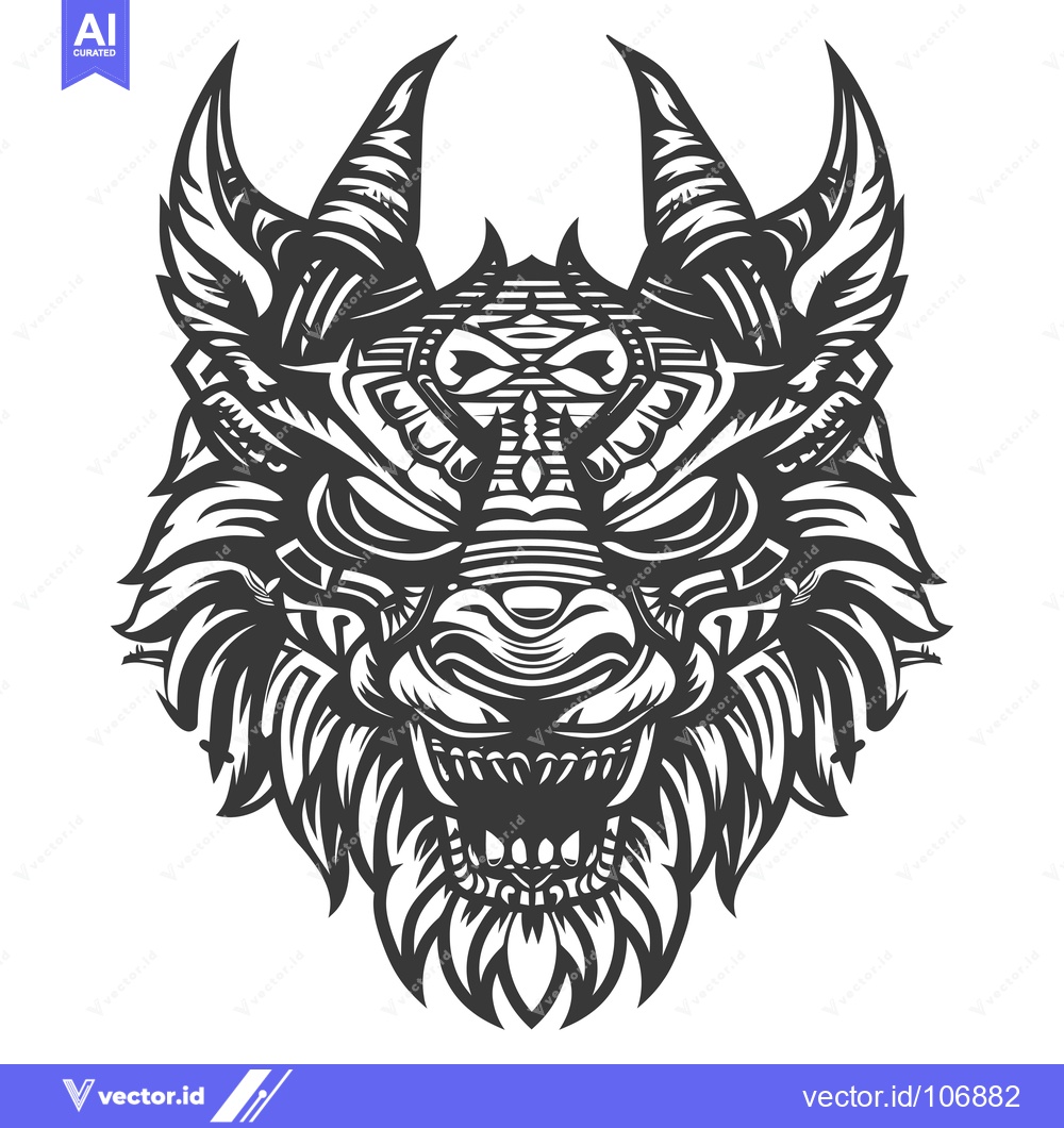 Premium Vector of Detailed Black and White Illustration of a Ferocious Wolf Head with Ho
