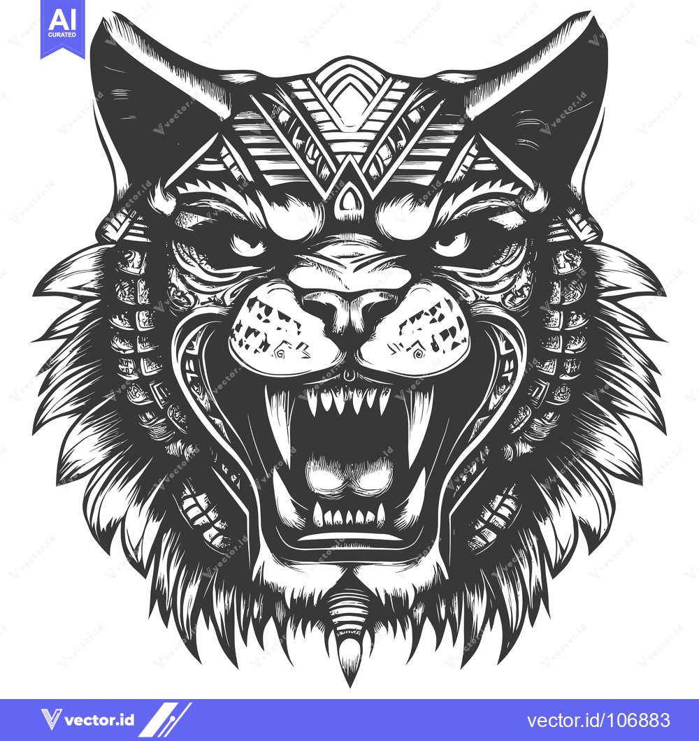 Premium Vector dari Geometric Tribal Cat with Fangs and Feathers